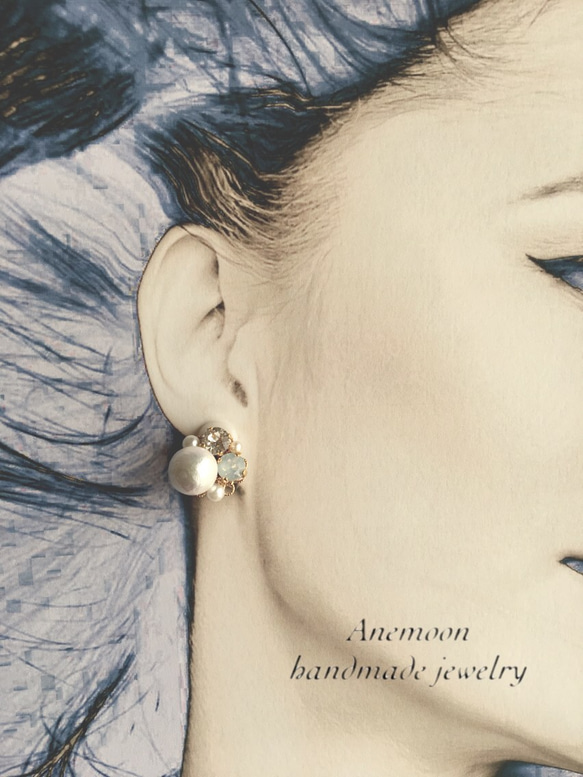 棉質珍珠首飾耳環/穿孔耳環，白色，直徑約 17 毫米 第3張的照片