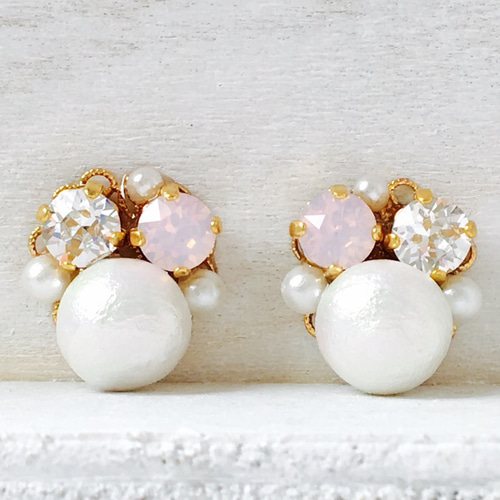 コットンパールビジュー ピアス/イヤリング ライトピンク 直径約17mm 