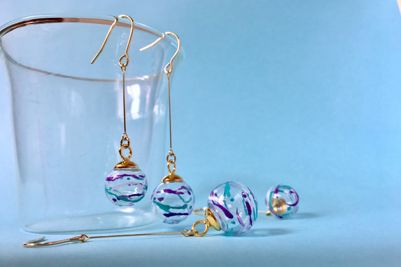 [Lilac x Aqua 10mm/12mm 珠子] Yoyo 耳環/耳環 迷你尺寸/常規尺寸 雙耳一對 第4張的照片