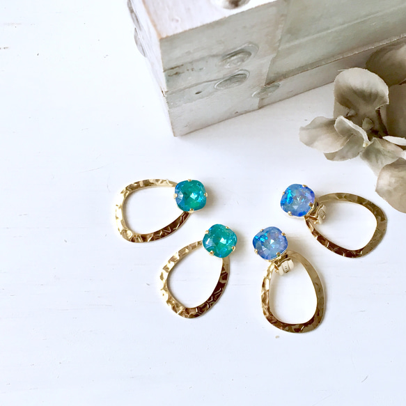 Swarovski & gold ring pierce/earring (ブルーオーシャン) 6枚目の画像