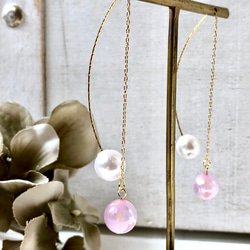 粉紅色玉髓和珍珠美式耳環 第6張的照片