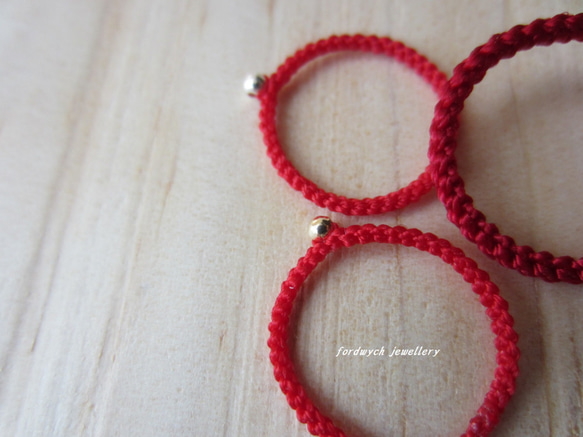 手編み極細1㎜【knit ring】シルバー＆ピュアレッド 5枚目の画像