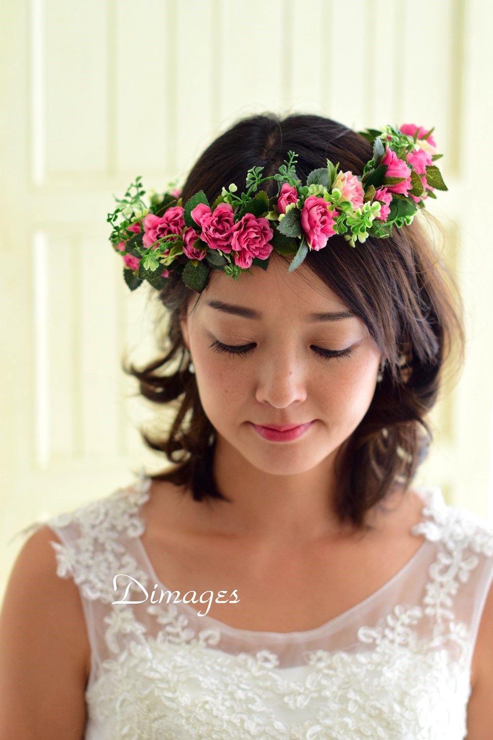 濃いピンクバラのナチュラルスタイルな花冠【Flower Crown P-01】