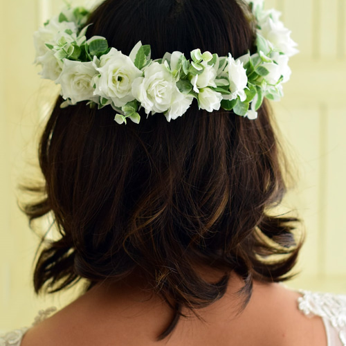 SP白バラ&ユーフォルビア&ユーカリ＊ホワイト&グリーンの花冠【Flower