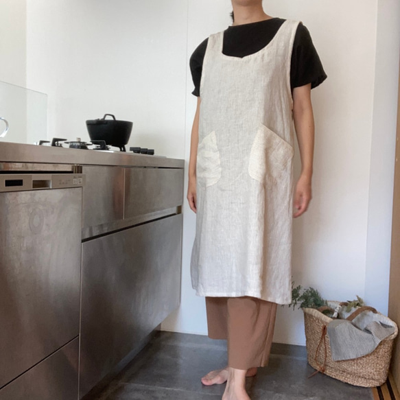 キッチンクロス、プレゼント♪ 100%リネン エプロンワンピース 生成り 