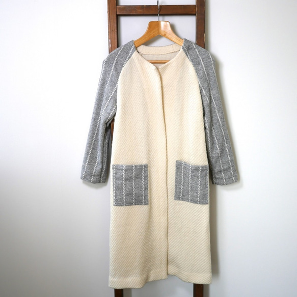 冬の新作コート・暖かい羽織物- - -ホワイト＆グレーストライプ/ウール/ロングコーディガン 6枚目の画像
