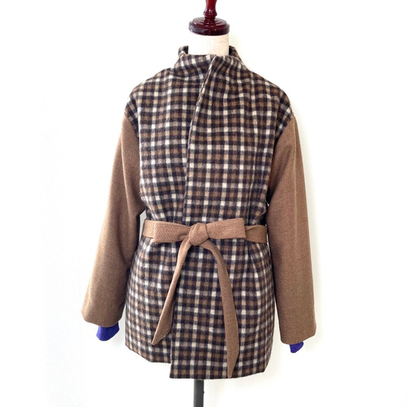 新作 暖かくて軽い上品ジャケット- - -ウール100%/チェック/ブラウン茶/羽織物/コート/ガウン/仕事着 6枚目の画像