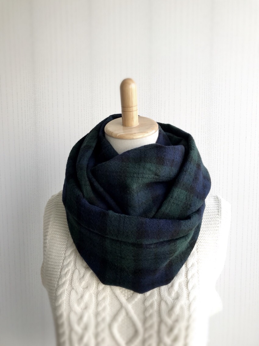 ウールガーゼのスヌード＊ブラックウォッチ＊グリーン×ネイビー