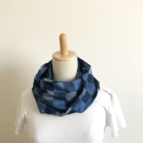 ダブルガーゼ＊デニム調パッチワークプリント約16㎝幅（ブルー  