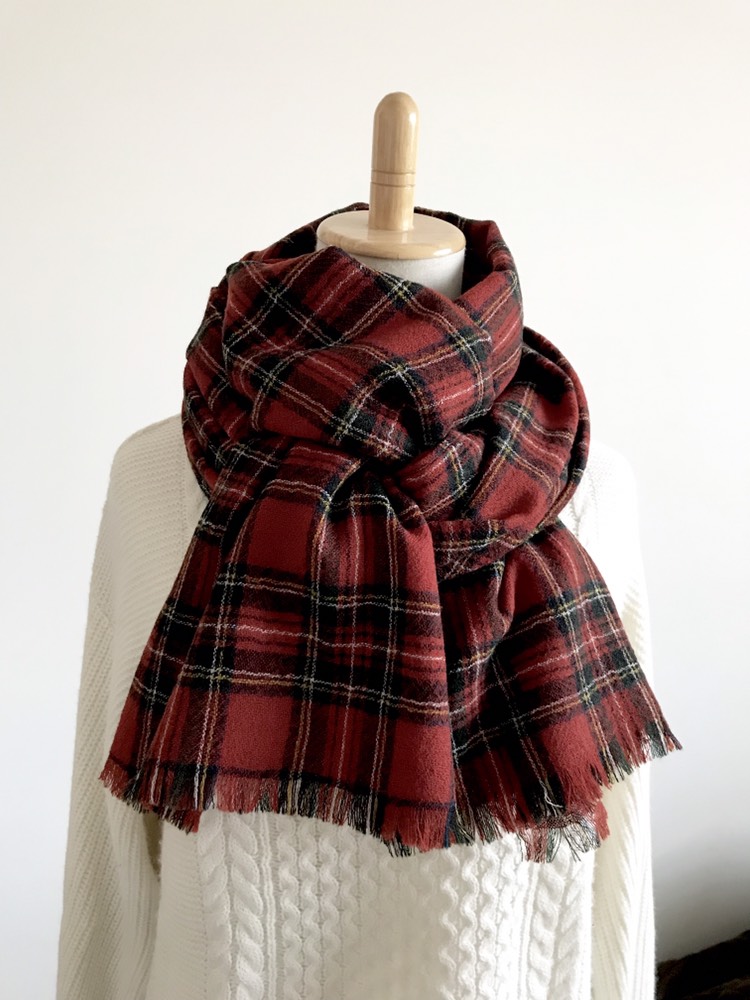 ウールガーゼのストールマフラー＊チェック＊ブラック×レッド