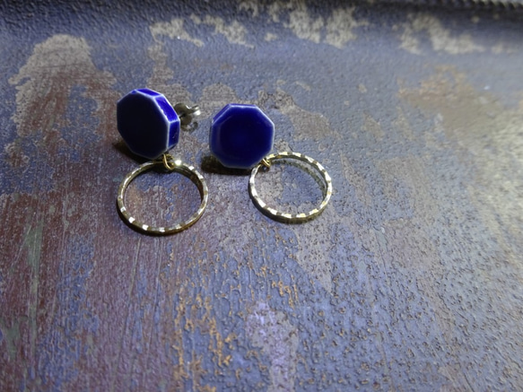 八角金環瓷耳環/耳環（藍色） 第1張的照片