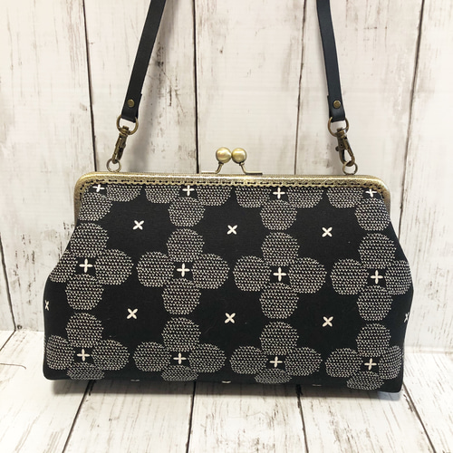 未使用 北欧 フラワー柄 がま口トートバッグ 北欧フラワー柄 がま口バッグ 本革ショルダー付き ハンドメイド