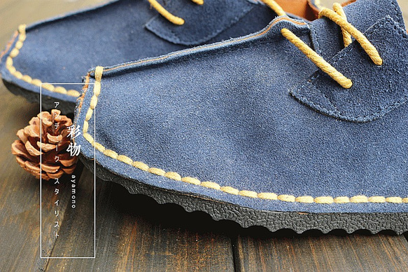 【受注製作】手作りシューズ　糸で縫い合わせしっかり完全ハンドメイド　ブルー　AS635 3枚目の画像