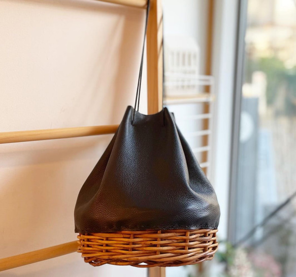 ❊籠×レザー❊巾着バッグ 2way 本革bag かごバッグ KWS 通販｜Creema 