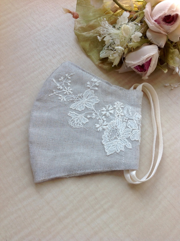SS7 野玫瑰刺繡蕾絲麵罩 流行♫ 透氣日本亞麻棉雙層紗布 第3張的照片