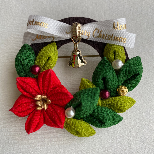 オーダー】つまみ細工 クリスマスリースのブローチ ブローチ