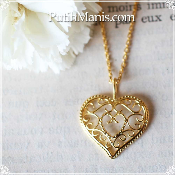 フレンチアンティーク風ハートチャーム (fil06p-g)ゴールドネックレス