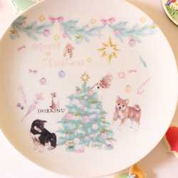 柴犬さん☆キラキラのパステルXmas・１９㎝プレート「ポーセラーツ」 2枚目の画像