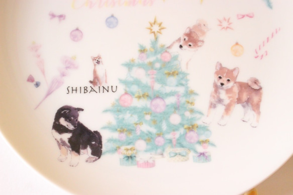 柴犬さん☆キラキラのパステルXmas・１９㎝プレート「ポーセラーツ」 3枚目の画像