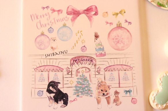 【１点限定】柴犬さん☆ピンクChristmasのインテリアタイル額【冬支度ハンドメイド２０２０】「ポーセラーツ」 2枚目の画像