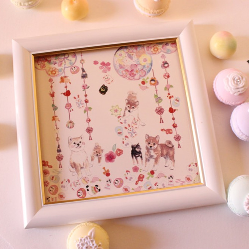 柴犬さん☆吊るし雛と柴犬さん・インテリアタイル額【冬支度