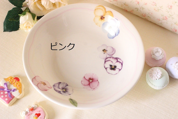 【限定】春風のビオラ☆かわいいビオラの１９㎝パスタ皿（カレー皿）「ポーセラーツ」 4枚目の画像