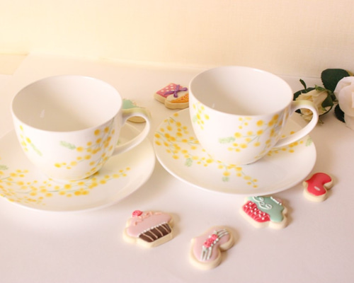 ミモザ☆早春の花ミモザのカップ&ソーサー「ポーセラーツ」【ミモザ
