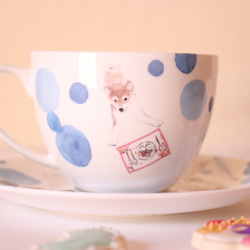 【最終】柴犬さん☆カフェでまったり柴犬さんのカップ&ソーサー（水色ドット）「ポーセラーツ」 3枚目の画像