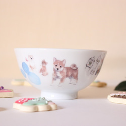 【最終】柴犬さん☆カフェでまったり柴犬さんのお茶碗（水色ドット）「ポーセラーツ」 1枚目の画像