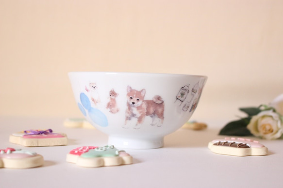 【最終】柴犬さん☆カフェでまったり柴犬さんのお茶碗（水色ドット）「ポーセラーツ」 1枚目の画像