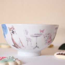 【最終】柴犬さん☆カフェでまったり柴犬さんのお茶碗（水色ドット）「ポーセラーツ」 2枚目の画像