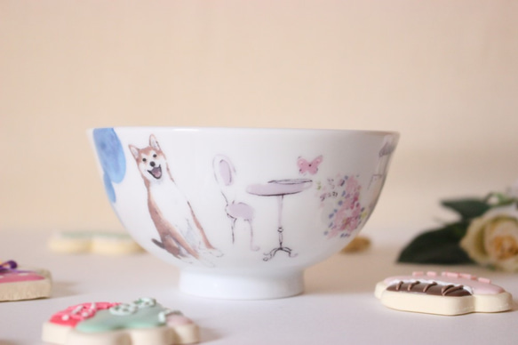【最終】柴犬さん☆カフェでまったり柴犬さんのお茶碗（水色ドット）「ポーセラーツ」 2枚目の画像