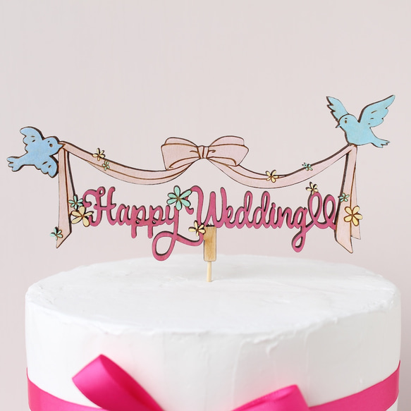 ウェディングケーキ用木製ケーキトッパー/青い鳥&ピンク 1枚目の画像