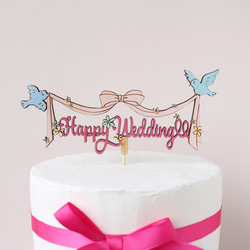 ウェディングケーキ用木製ケーキトッパー/青い鳥&ピンク 3枚目の画像