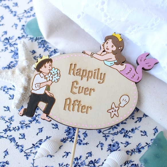 人魚姫Happily Ever Afterピンク：ウエディング木製ケーキトッパー 4枚目の画像