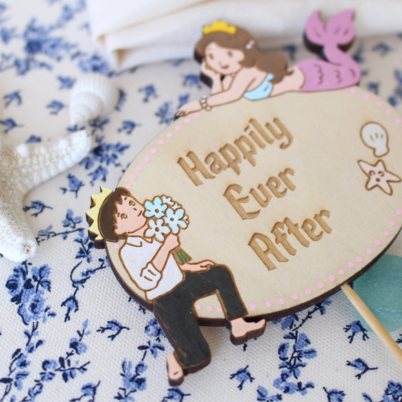 人魚姫Happily Ever Afterピンク：ウエディング木製ケーキトッパー 5枚目の画像