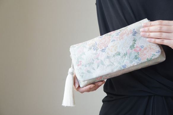 草花模様 シルク 帯リメイク 2Wayクラッチバック＆ハンドバック】結婚