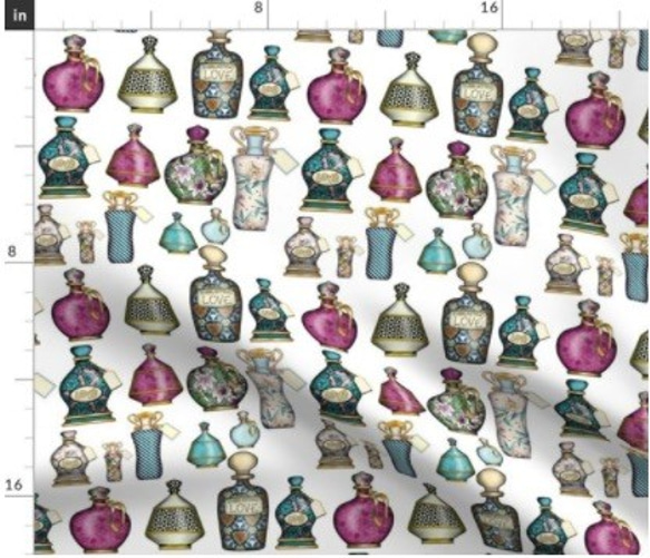 香水瓶柄 コスメ柄 宝石柄 香水瓶 パフュームボトル 手芸 生地 輸入生地 布 布地 コットン 綿 ハンドメイド 1枚目の画像