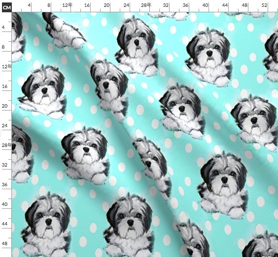 New 犬 犬柄 シーズー ブルーの水玉 水彩画なスタイル 輸入生地