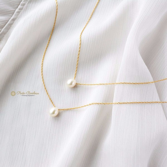 14KGFたまご型縞入り淡水真珠一粒シンプルネックレス・淡水パールペンダント・結婚式、卒園式、入学式にも。 3枚目の画像