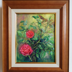 薔薇と二匹の蛙(額縁付き、油絵原画) 1枚目の画像