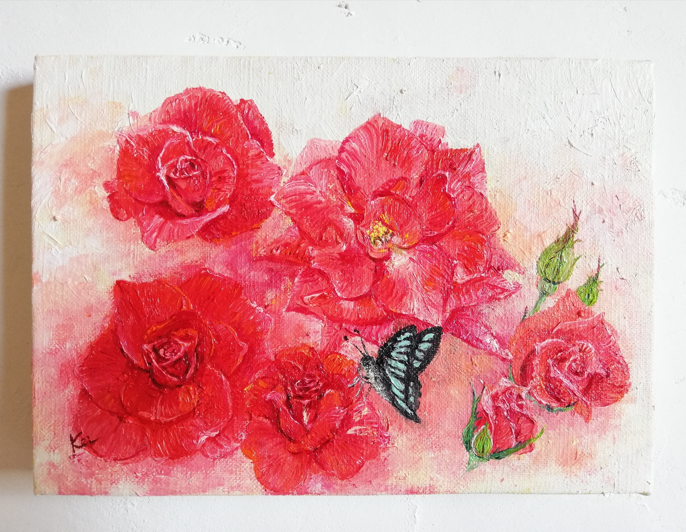 油絵　ヘラモノクロームからの赤い花 油絵 ヘラモノクロームからの赤い花 赤い薔薇《額つき油絵原画