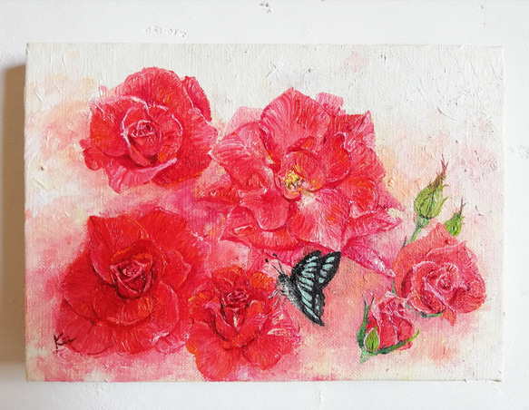 赤い薔薇とアゲハ蝶《油絵原画》 絵画 kei 通販 10270792