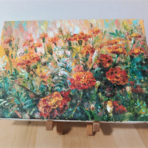 送料無料》額付き油絵原画 鮮やかに咲くマリーゴールド 絵画 kei