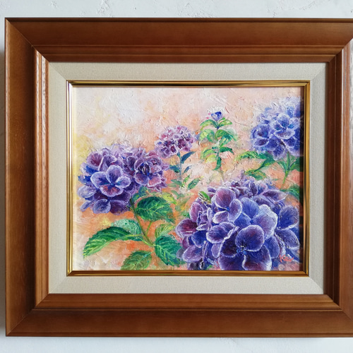 あじさいと蛙(額縁付き、油絵原画) 絵画 kei 通販 9610385