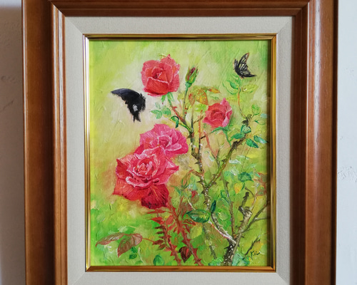 バラの花束 油彩画 木製フレーム付き