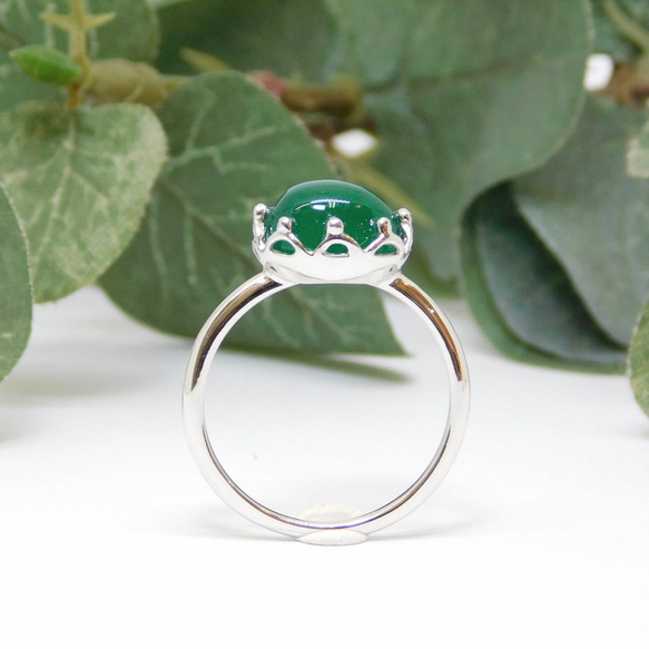綠色瑪瑙頭飾戒指（銀色） 第2張的照片