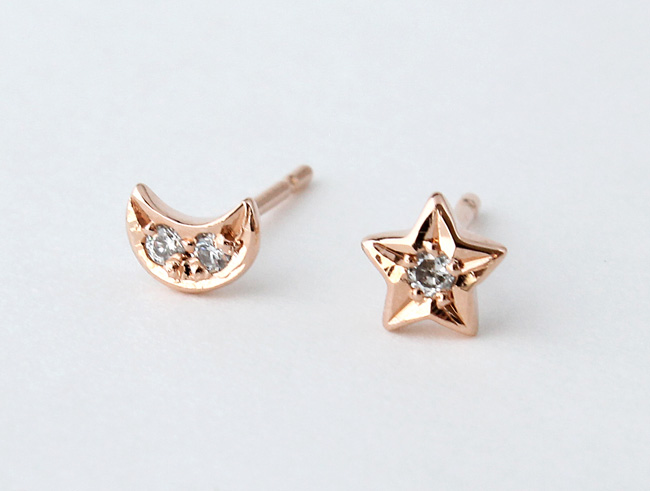 star & moon diamond pierce (pinkgold plating)【受注制作】