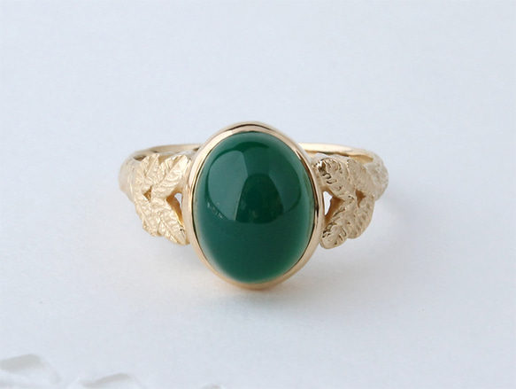 green agate ＆leaf ring (gold plating) 第2張的照片