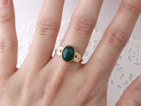 green agate ＆leaf ring (gold plating) 第4張的照片